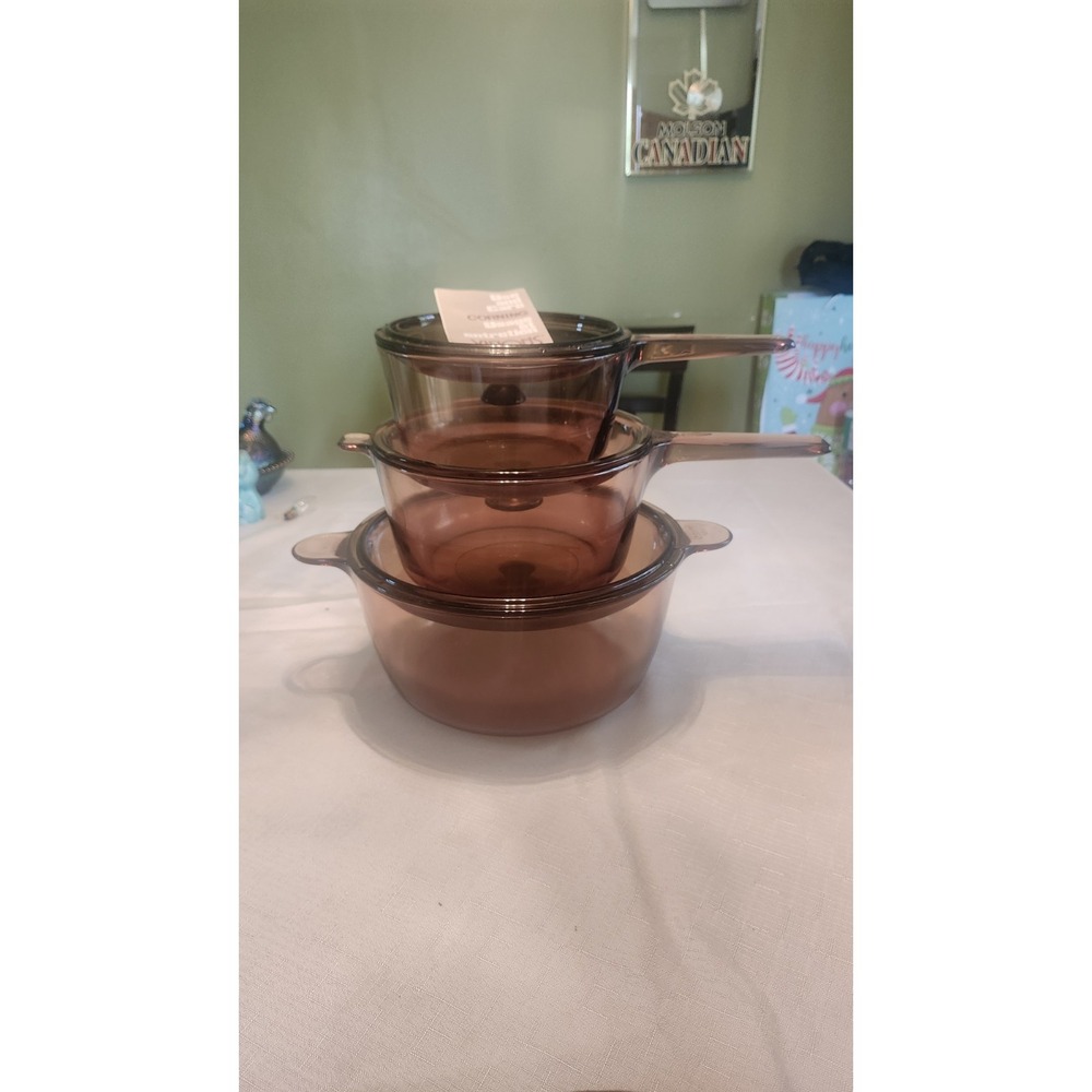 6 Pc. Corning Ware Visions Cookware Amber Glass PYREX 3 Pots Saucepan 3 Lids